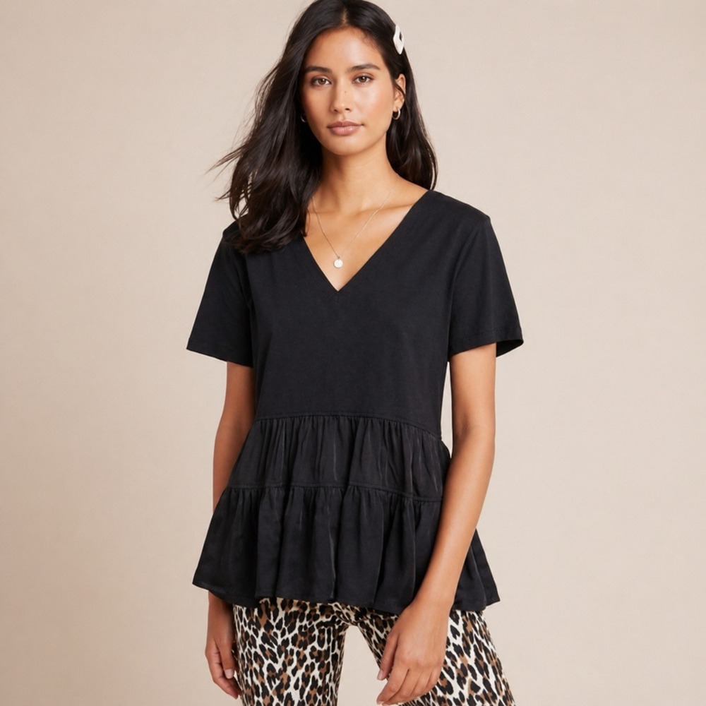 Maeve Louisa Top Womens Size Small Black Tiered Silky Ruffle Boho Minimalist - Picture 1 of 7